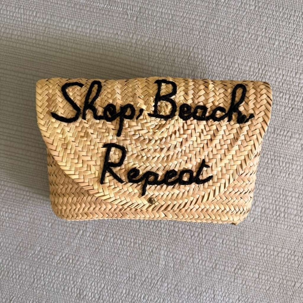 Poolside Shop Beach Repeat Embroidered Straw Raffia Envelope Clutch Bag Natural